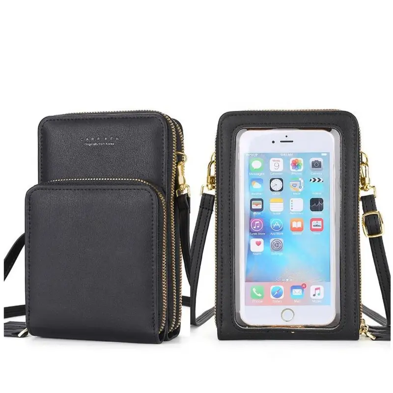 Forever Young - Tas Selempang Wanita Multifungsi Dengan 3 Resleting Untuk Hp, Makeup, Dan Dompet Bahan Kulit PU Hitam Pink 0