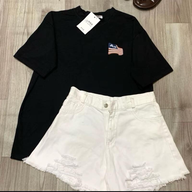 Set bộ đồ nữ áo thun from rộng tay lỡ chất Tici co giãn mix quần short jean rách cá tính - Lá cờ Mỹ