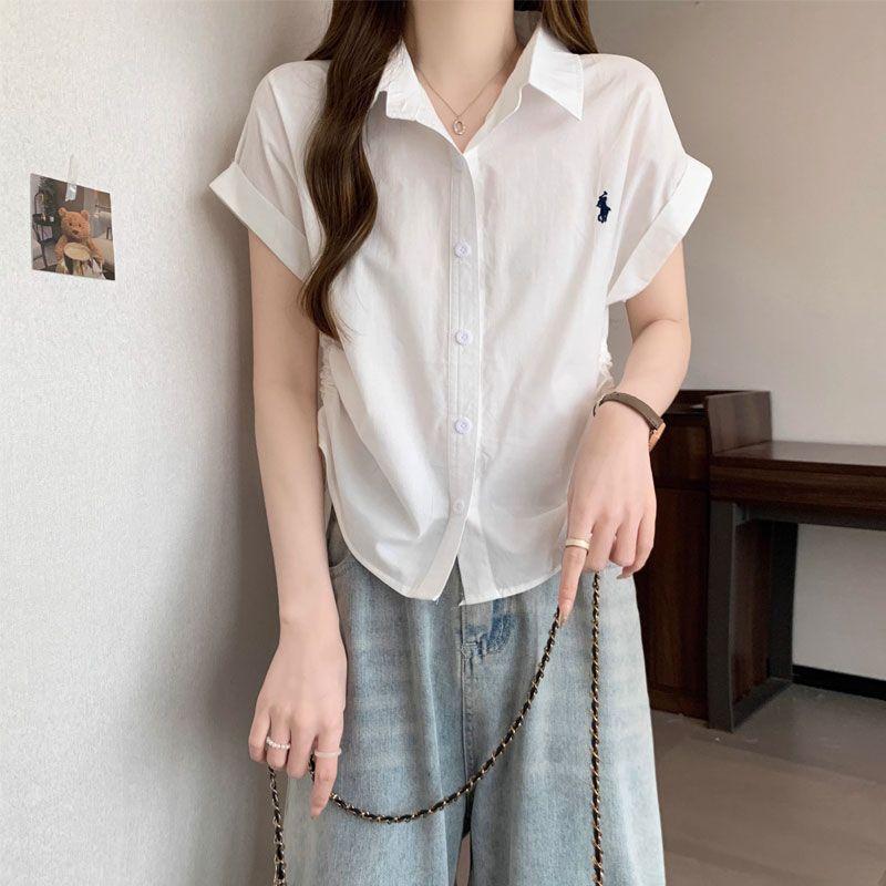 Áo Sơ Mi ngắn Tay Thiết Kế Dây Rút Phong Cách Hồng Kông, Ngọt Ngào Và Ngầu, Cổ Polo Thêu, Dành Cho Nữ, Trang Phục Mùa Hè, Áo Cardigan Không Đều Thanh Lịch 3