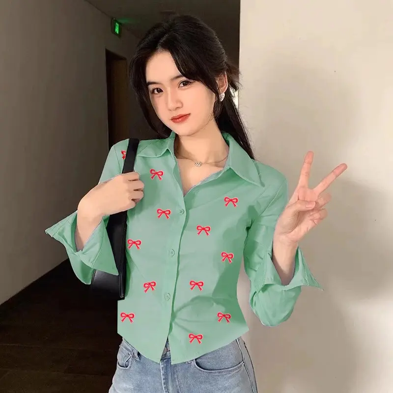 Kemeja Crop Top Ribbon Red /Atasan Casual Wanita Crop Tee Pita XL 4