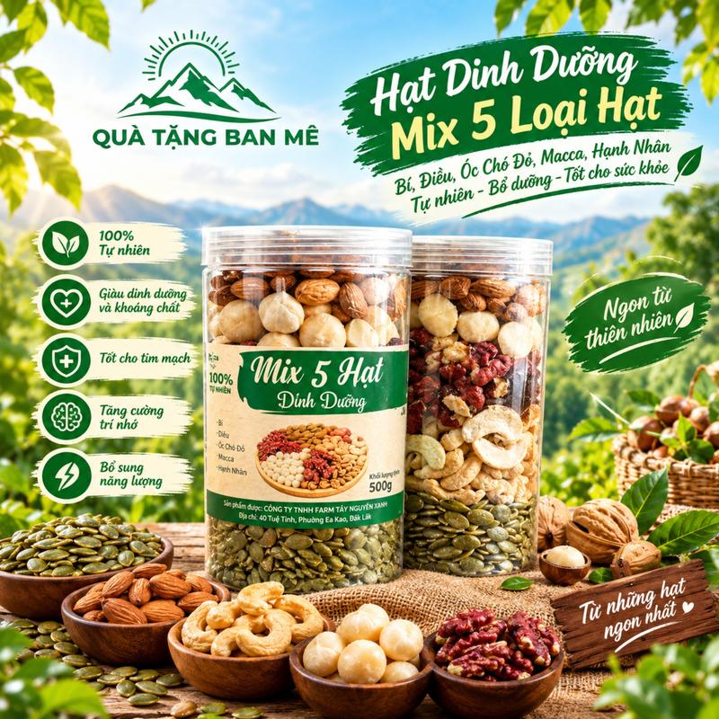 Hạt Dinh Dưỡng Mix 5 Loại Hạt Macca, Óc Chó Đỏ, Hạnh Nhân, Hạt Điều Hũ 500g