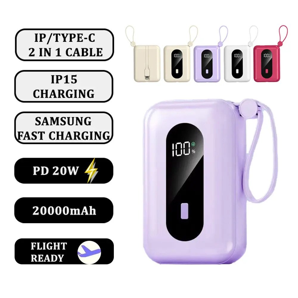 120W Super Fast Charging Power Bank 20000mAh Powerbank 2 in 1 Suitable for iPhone 15（ip/type-c 2 in 1 Cable）