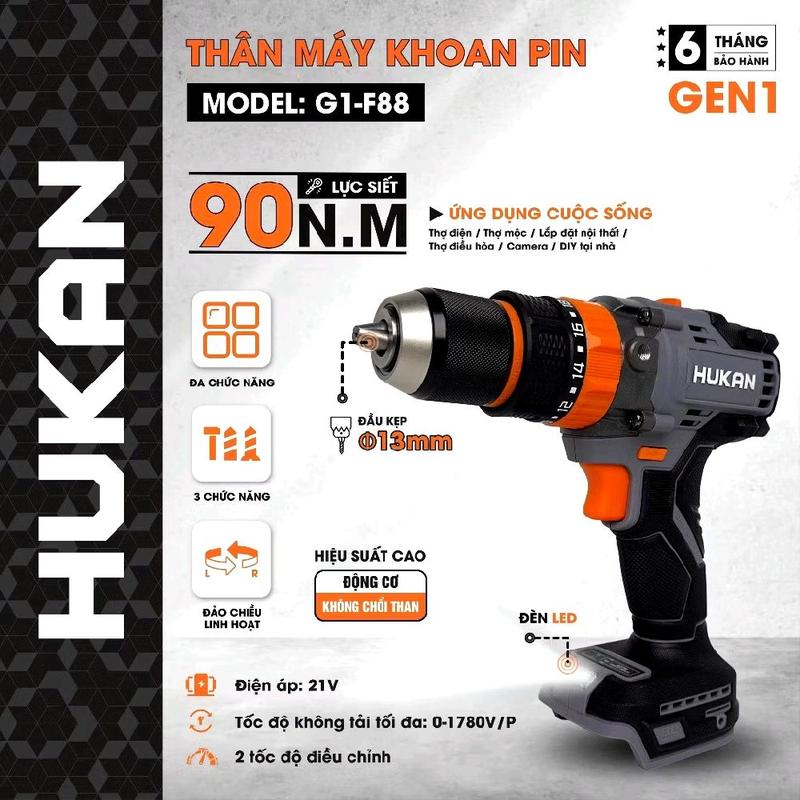 Máy khoan pin Hukan G1-F88 khoan 3 chức năng lực siết 90Nm, không chổi than, đầu kẹp 13mm autolock chân pin phổ thông