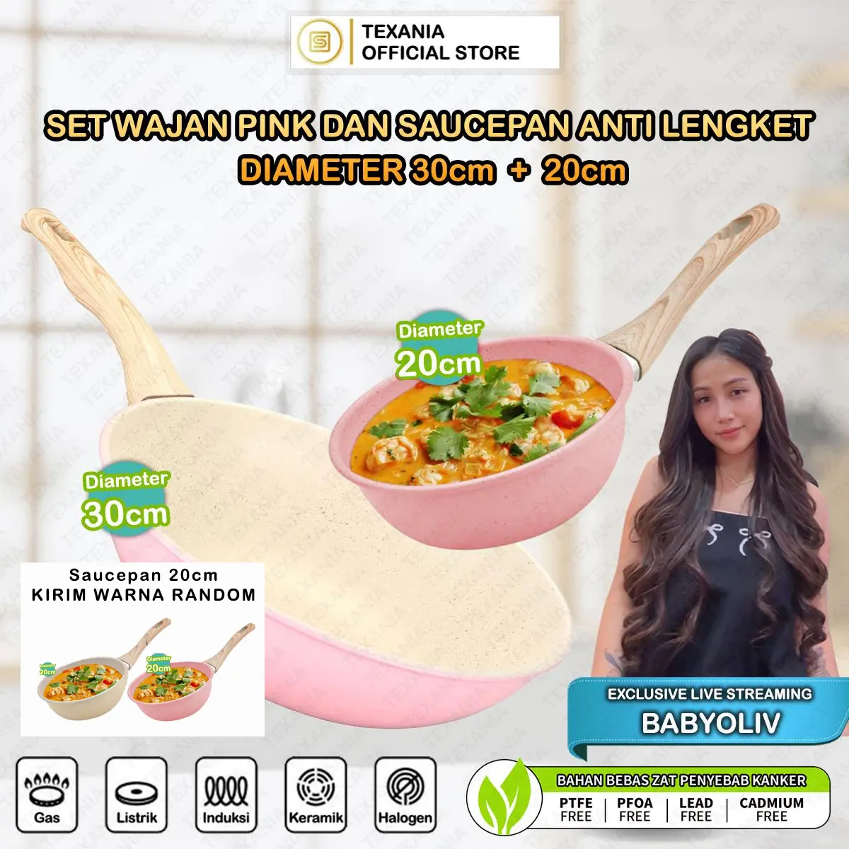 [EXCLUSIVE BABYOLIV] TEXANIA SET Wajan Anti Lengket PINK 30cm + Saucepan Anti Lengket 20cm(KIRIM WARNA RANDOM) Kitchenware