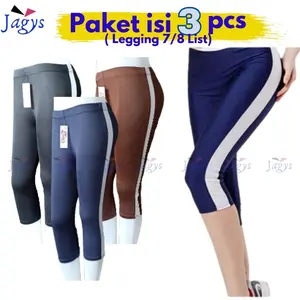 3PCS Legging 7/8 List Strip Putih - Celana Lejing Pendek Spandex Premium Melar Nyaman Dipakai Dalaman Wanita Bahan Tebal Panjang Selutut Standar Bigsize Super Bigsize