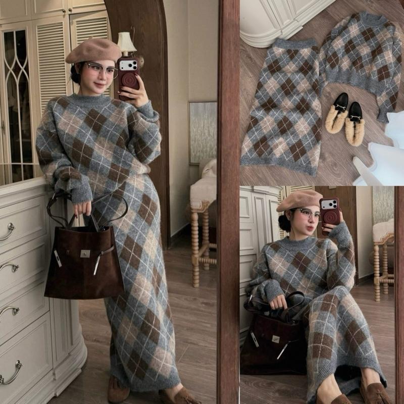 QC Chính Phẩm Live Sao Gửi Vậy Sẵn Giao Set Len Trám Siu Ấm Áp Caro Xám Nâu Áo Cổ Tròn Dày Dặn Dài Tay Mix Chân Váy Dáng Dài Ấm Áp Thu Đông Dịp Lễ Tết Noel Cuối Năm Cho Nữ By DiepGz71125