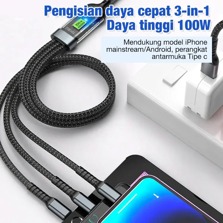 Kabel Data 3in1 Fast Charging 100W USB Micro, Type C, Lightning Best Quality Cable 3