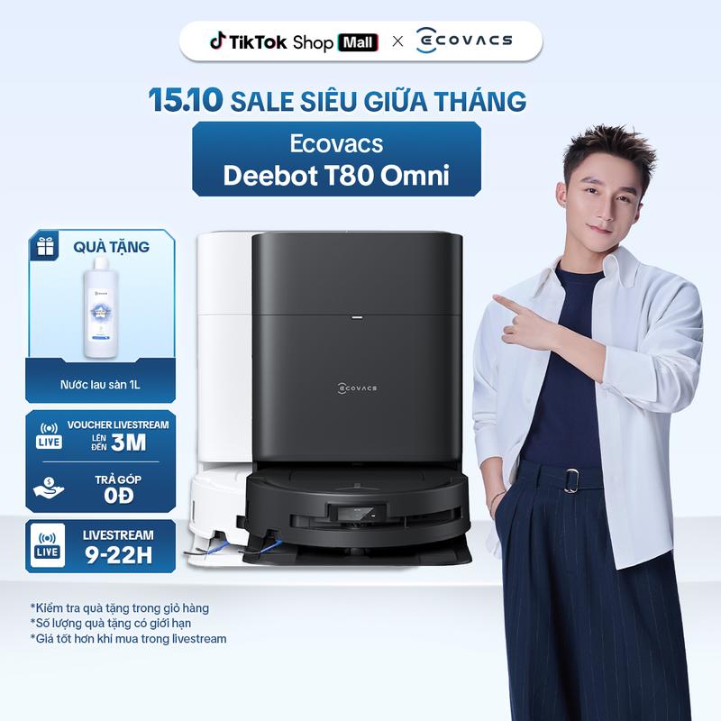 Robot hút bụi lau nhà Ecovacs Deebot T80 Omni - Lực hút 18.000Pa - AI Instant Re-Mop 2.0 - Chống rối ZeroTangle 3.0
