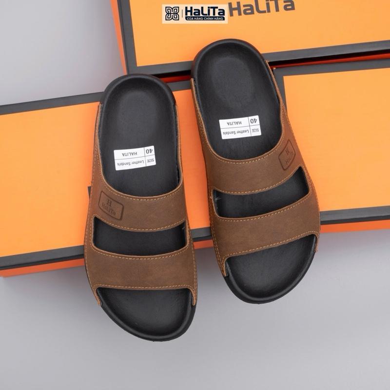 Dép Công Thái Học - Bản Hai Quai Nâng Cấp Da Bò Lưu Bút Cao Cấp HaLiTa Đế Cao Su Vân Nhám Chống Trơn Trượt