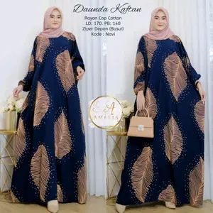 Kaftan Wanita LD 180 Jumbo Busui Resleting Depan Bahan Rayon Premium Motif Daunda