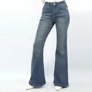 Jeans berkobar biru retro baru, pinggang tinggi, melangsingkan 8801