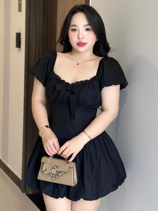 Hà Bigsize Đầm Bí Tay Ngắn Tiểu Thư Dành Cho Bigsize 55kg - 90kg Thiết Kế Tôn Dáng Phù Hợp Với Vóc Dáng Lớn