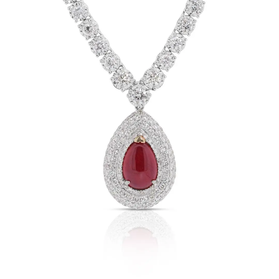 Fabolous 3.52 carat pear-shaped ruby and 215 points Natural Diamonds in 18k White Gold Necklace