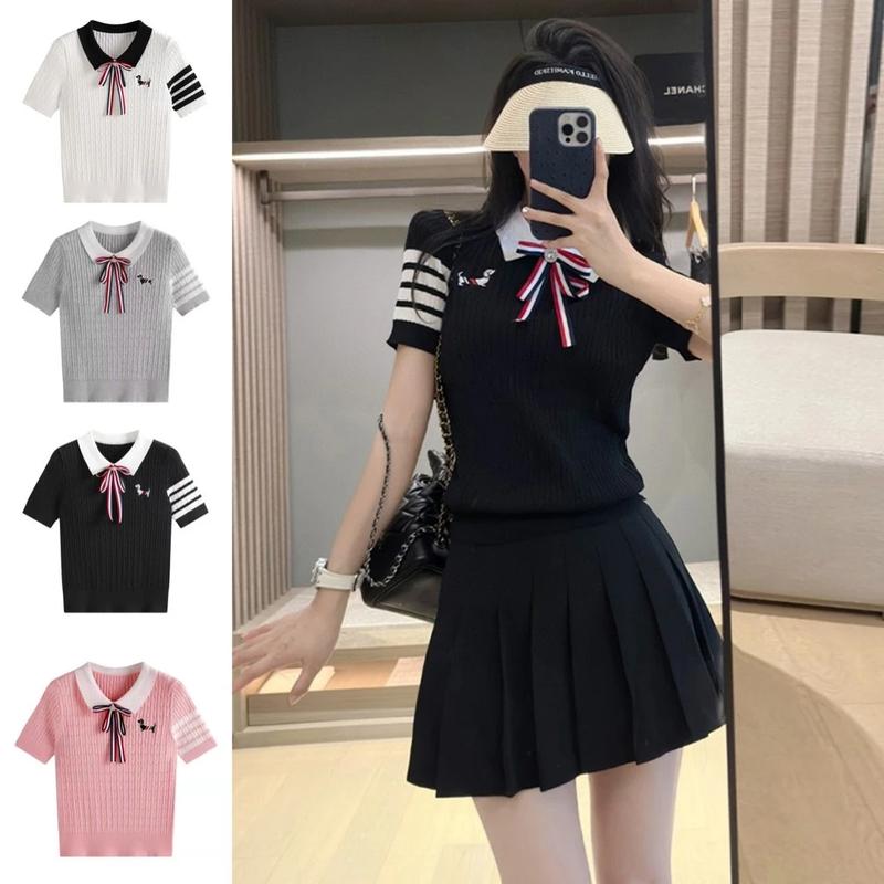 Áo Thun Nữ Dệt Kim, Phong Cách Hàn Quốc, ngắn Tay, Cổ Bẻ Áo, Thêu Hoạt Hình, Có Thắt Nơ