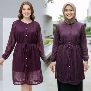 Azzahra Outer Borkat Kancing Tunik Kondangan Terbaru Outer Hijab Elegan dengan Desain Lace dan Belt Wanita Baju Dewasa Panjang