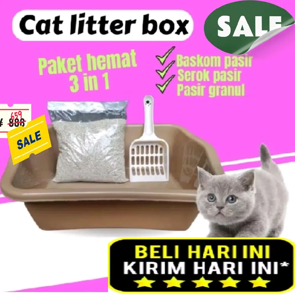 Paket Anabul Murah Starter Kit Bak Pasir 1kg Serokan Pasir Kucing Scoop Litter Box Cat Lover Pasir Zeolit Sekop bak pasir litterbox kucing