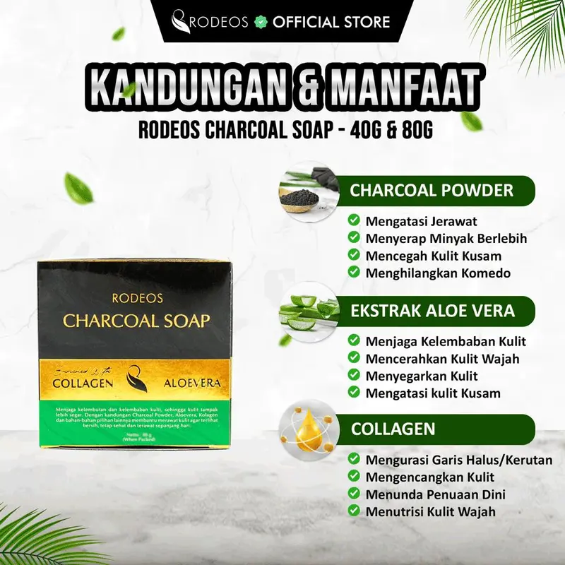 Paket Hemat 10 Pcs Rodeos Charcoal Soap 40g - Pencuci wajah, sabun anti jerawat, mencerahkan wajah, wajah berminyak, sabun charcoal, Kontrol Minyak Box Extract Facial Muka 2