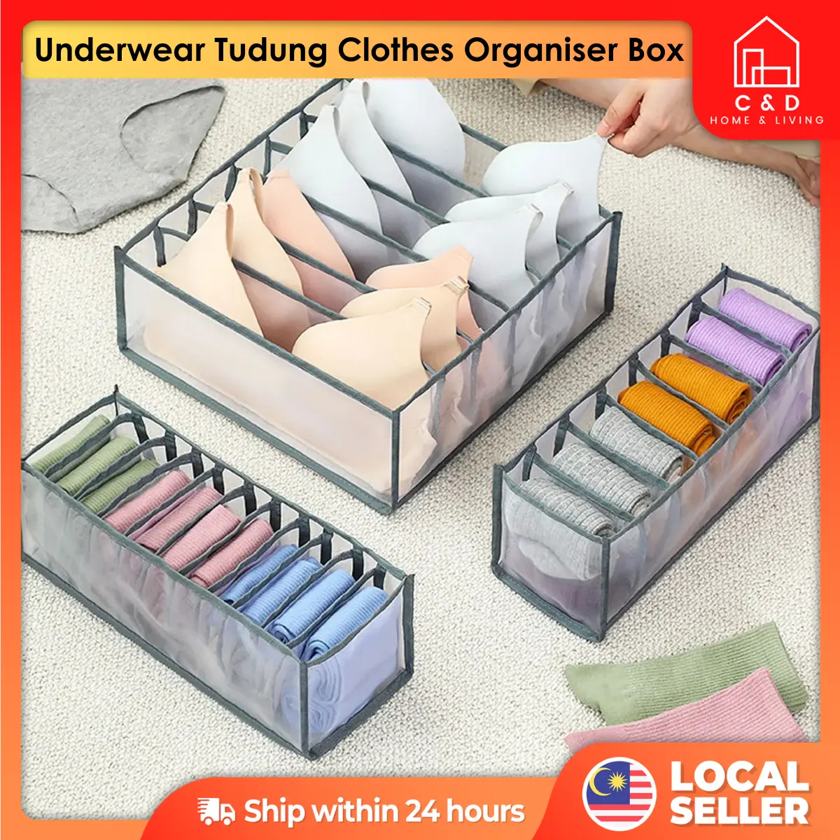 Slots Dormitory Closet Organizer Socks Home Separated Underwear Storage Box Bra Organizer Foldable Drawer Hijab tudung