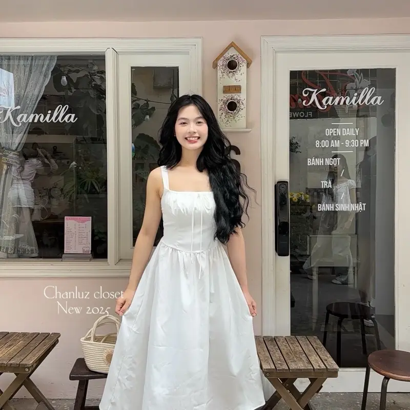 Váy 2 dây phong cách Hàn Quốc cổ nhún thắt nơ chất đũi cotton ( tặng kèm quần bảo hộ ) Chanluz Closet - CLS06