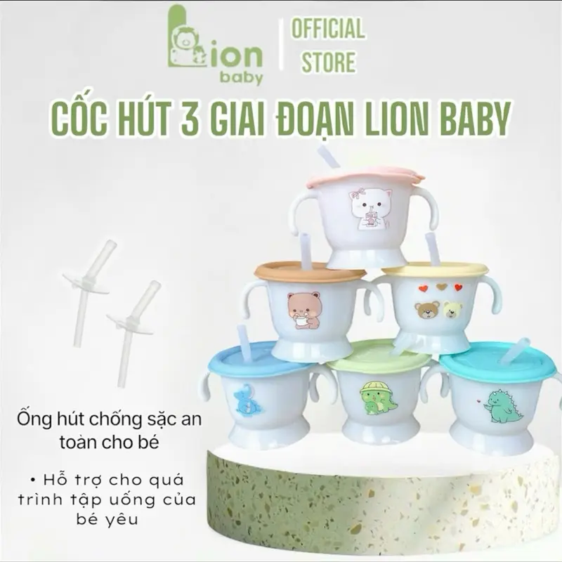 Cốc hút 3 giai đoạn Lion Baby và Cốc 3 giai đoạn Kichilachi cho bé từ 6 tháng tuổi