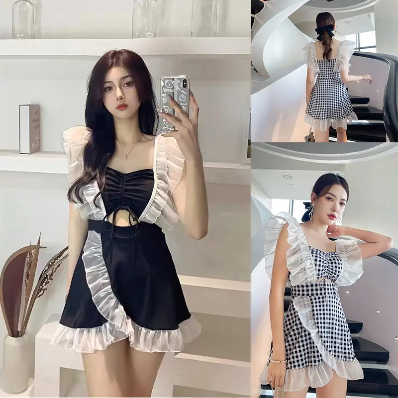 Đồ Bơi Ren Kẻ Sọc, Phong Cách Váy Nữ, Thích Hợp Cho Học Sinh, Đồ Bơi Bảo Thủ, Giấu Flab, Bó Sát, Dây Rút, Thiết Kế Xếp Nhún