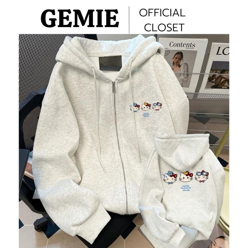 Áo hoodie zip nỉ in 3 CON MÈO form rộng nam nữ unisex tay bồng có bo chun loại 1 Top thông thường màu hồng Women áo khoác hoodie dày dặn - Women