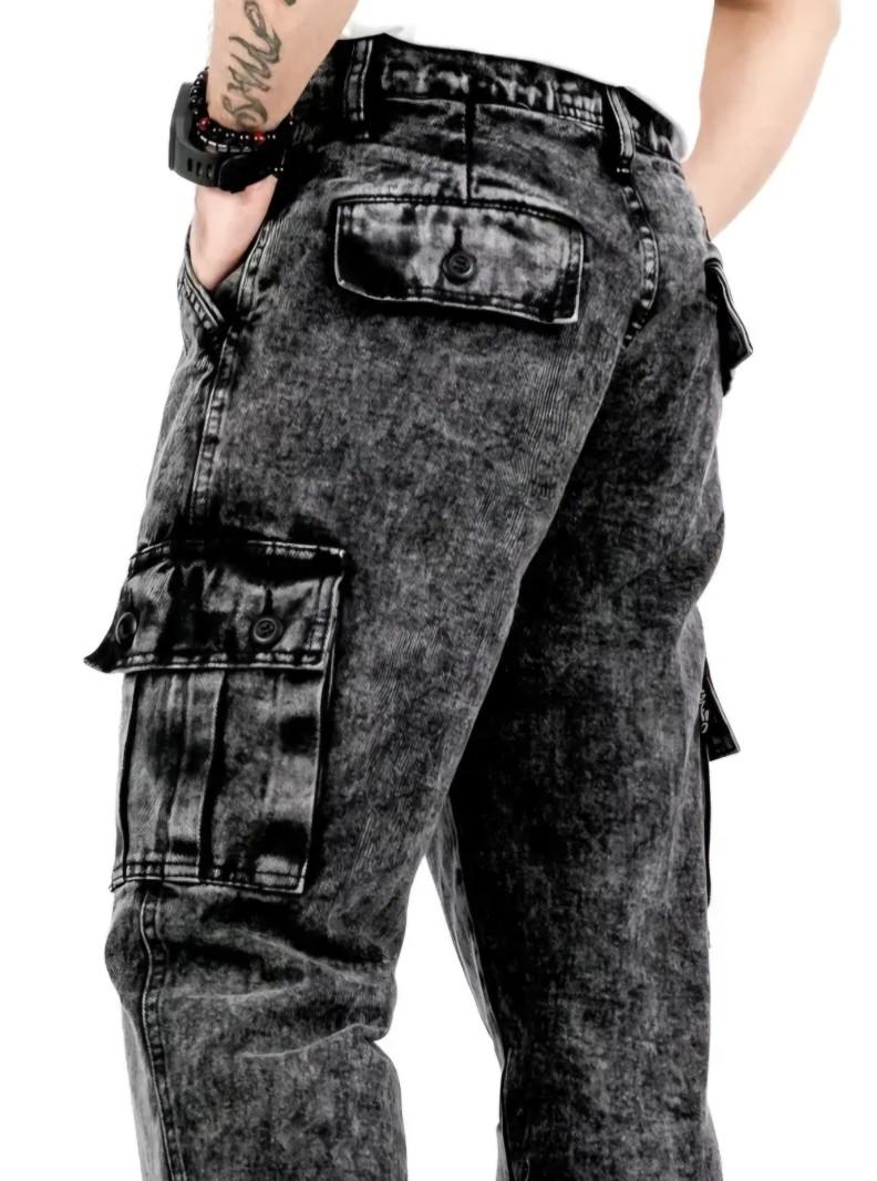 Long Cargo pants jeans Celana cargo jeans loose fit Reguler Standard snow Black Sandwash Hitam Panjang Denim Straight