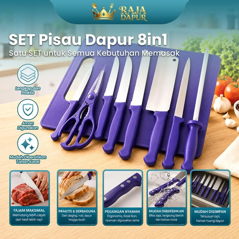 RAJA DAPUR Set Pisau Dapur 8 in 1 | Pisau Stainless Steel Multifungsi | Pisau Chef | Pisau Daging | Talenan | Gunting Dapur | Pengasah Pisau