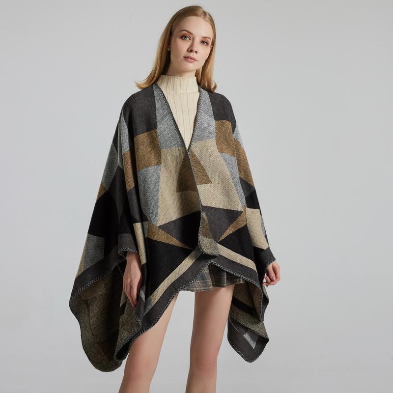 Women Hooded Ponchos Capes Long Shawl Plaid Print Button Elegant Oversize Loose Pashmina Aztec Outwear Casacos Femininos Tippet