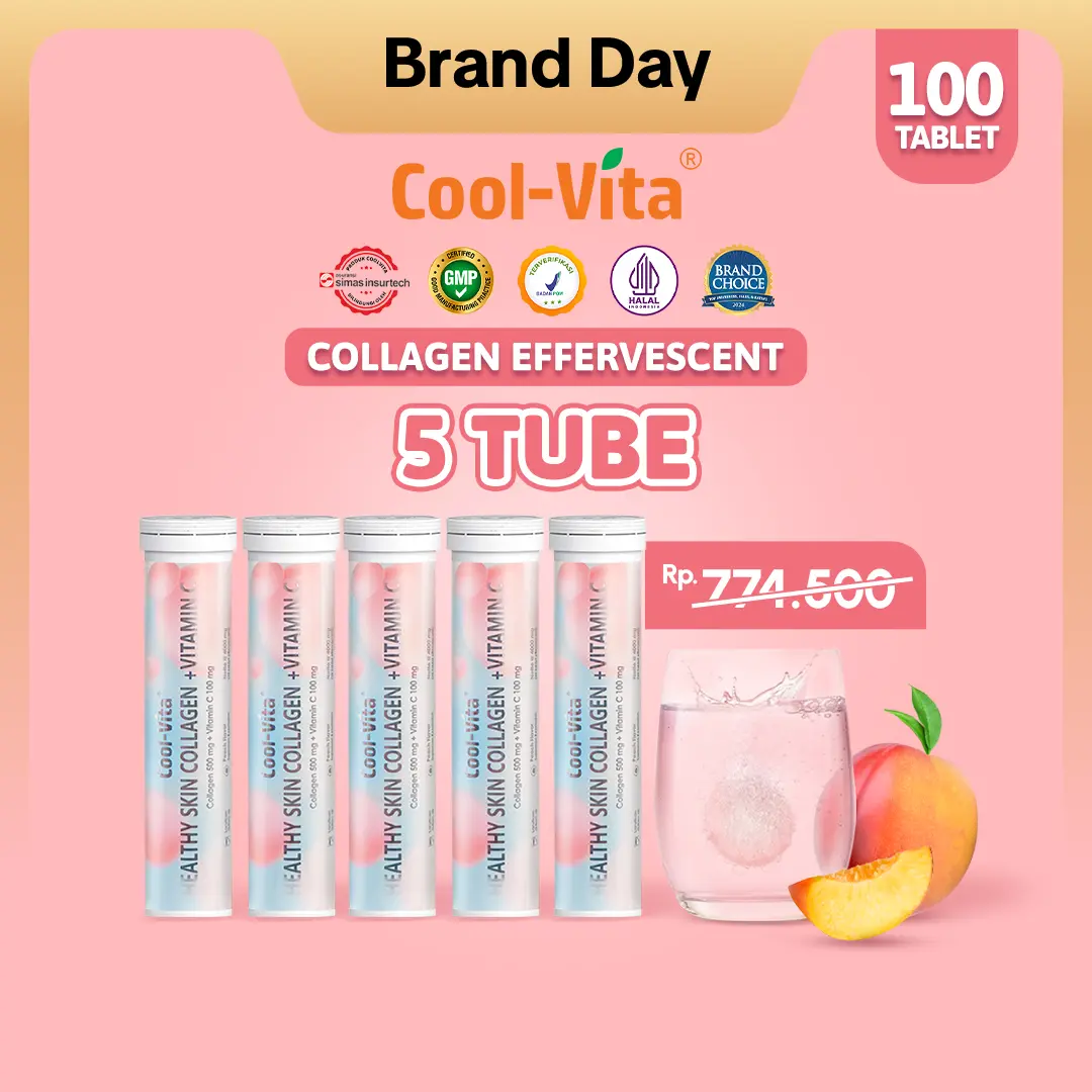 [TT] Coolvita 5 Tube Collagen Effervescent (Total 100 Tablet) - Minuman Larut Rasa Peach | Mengandung 500mg Fish Collagen dan 100mg Vit C per Tube | Membantu Menjaga Kesehatan Kulit