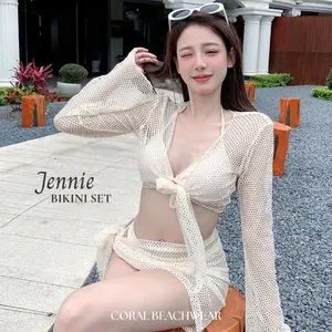 [CORAL] JENNIE BIKINI SET 4 PCS BEIGE | BAJU RENANG WANITA BAJU PANTAI BEACHWEAR SWIMWEAR