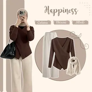 Outfit Remaja Kekinian Terbaru (Blouse Rajut Jisoo - Celana Knit Panjang - Jilbab) Setelan Atasan Wanita Korean Casual  LO35N