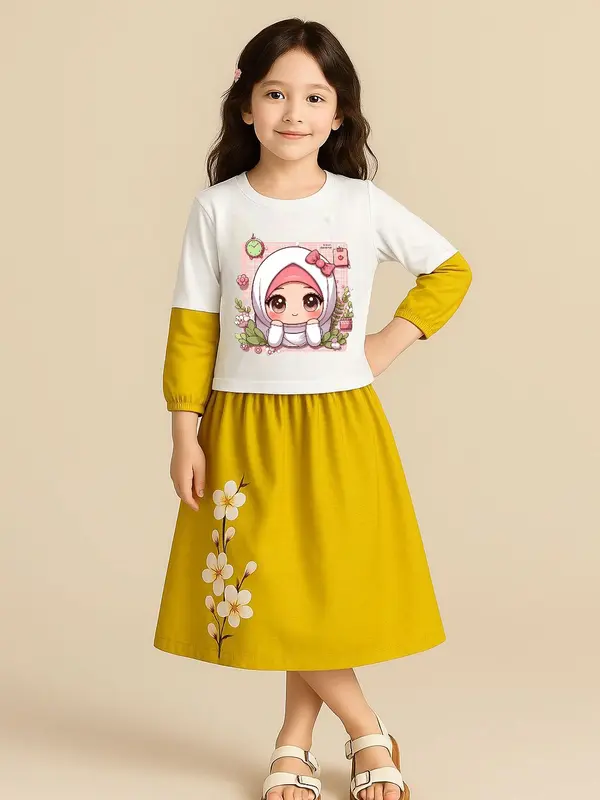 Setelan Rok Panjang Anak Perempuan Bahan Katun Untuk Usis 3-12 Tahun Fashion 1