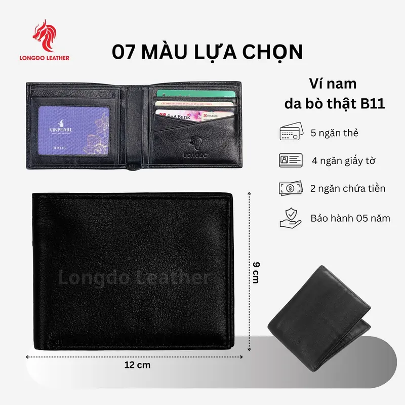 B11 - Bóp da nam da bò thật màu xanh lá, ví ngang gập đôi thương hiệu Longdo Leather - Bảo hành 5 năm 3