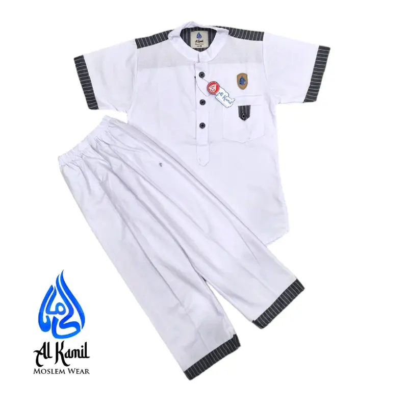 Setelan Kokokurta Anak Laki-Laki Bahan Katun Oxford dengan (Variasi Salur) Atasan Baju Muslim Lembut Celana Panjang Nyaman Kain Kombinasi Pendek 1