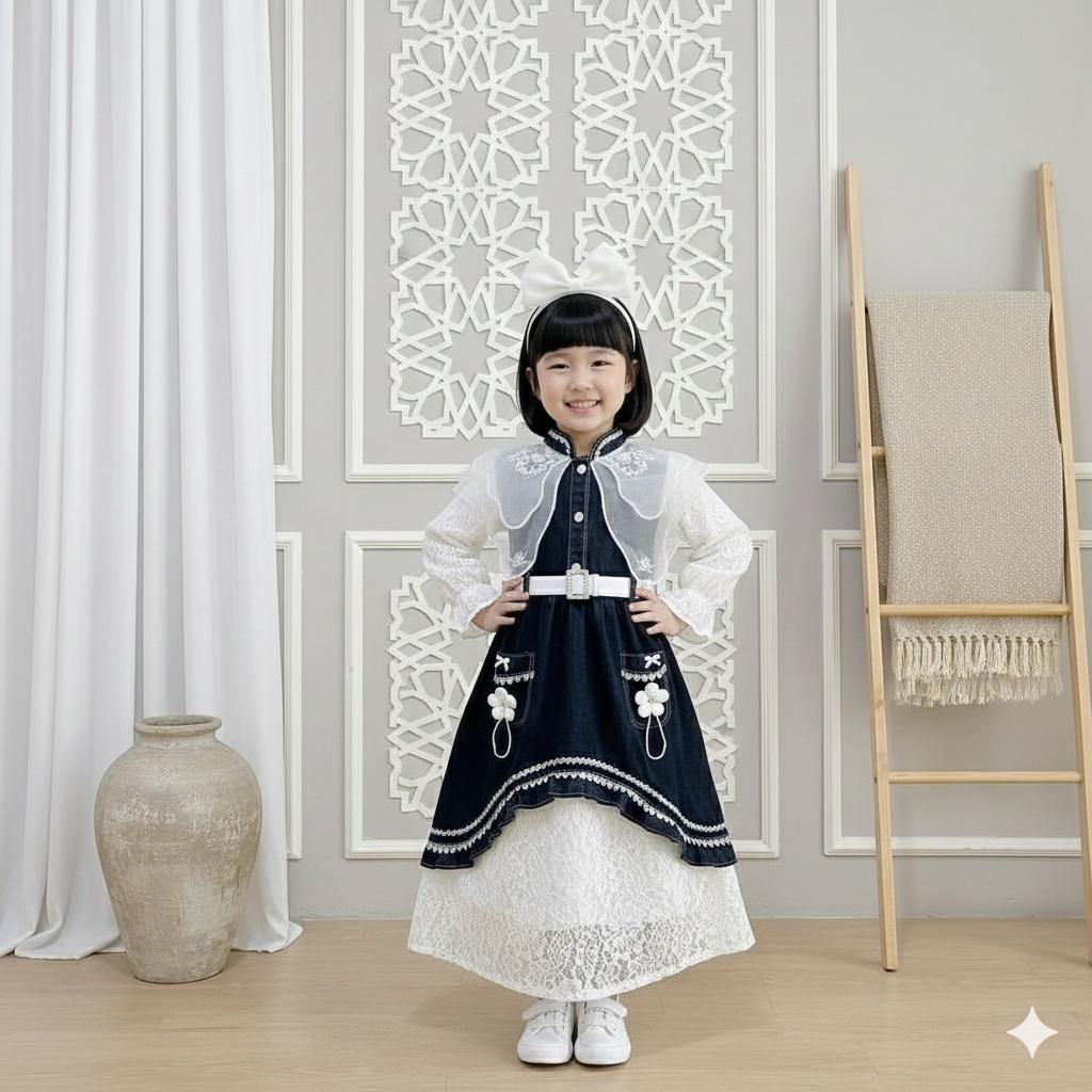 Nazella Gaun Jeans Snow Black Organza Farian Belt Putih untuk Anak Perempuan Usia 3-10 Tahun Baju Muslimah Lengan Panjang Kekinian Terbaru Viral 2026 Nazella Gaun Jeans Snow Black Organza Farian Belt Putih untuk Anak Perempuan Usia 3-10 Tahun Baju Muslimah Lengan Panjang Kekinian Terbaru Viral 2026