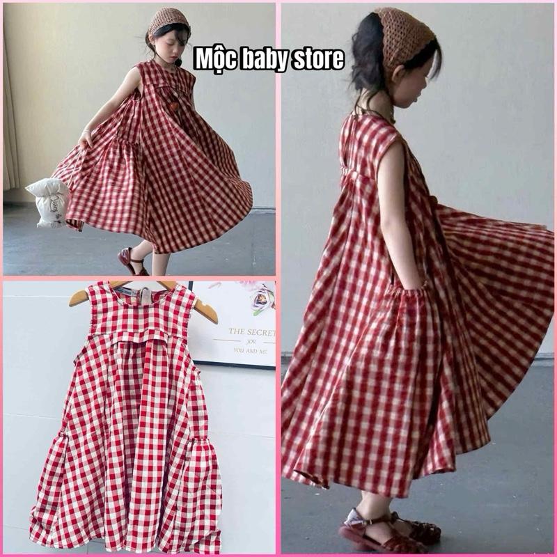  Đầm caro dáng babydoll xinh yêu thoải mái mát mềm mịn cho bé gái 12-38kg 
