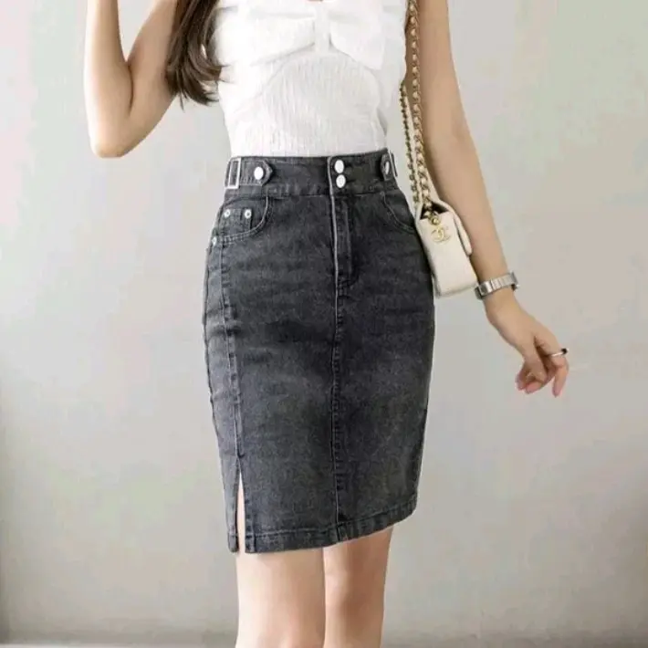 Rok Jeans Skirt Kekinian 7/8 Belah Samping Pendek Wanita Hitam Cewek Dewasa Mini Midi Variasi Kancing Karet Stretch Denim Panjang