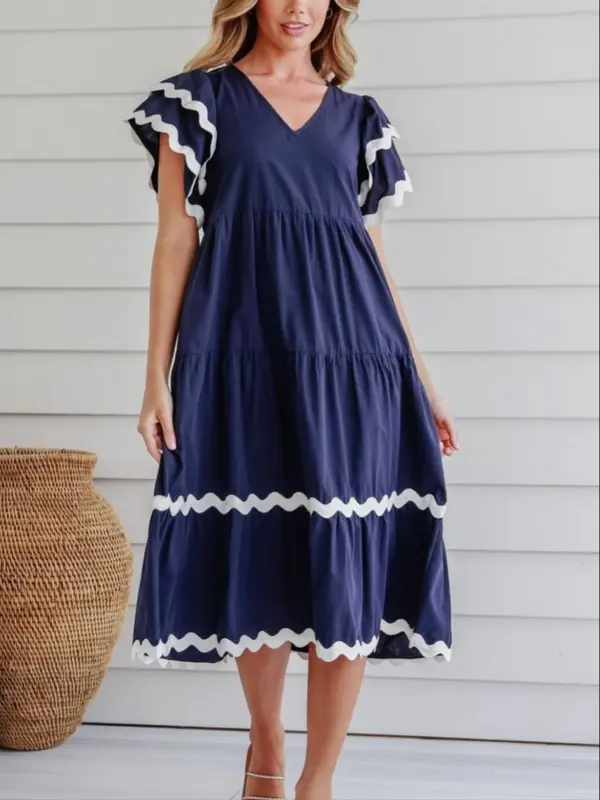 【Plus Size】 Colorblock Print V Neck Dress, Elegant Layered Hem Flutter Sleeve Vneck A Line Dress for Summer, Women's Clothing for Daily Wear, Plus Size Dresses, Womenswear 3