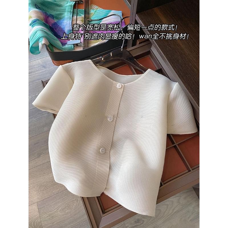 Áo Sơ Mi Nữ Ngắn Tay, Màu Trơn Thiết Kế Đơn Giản, Xếp Ly, Phong Cách Hàn Quốc, Cao Cấp, Một Hàng Cúc, Áo Cardigan, Thời Trang, Đầu Xuân