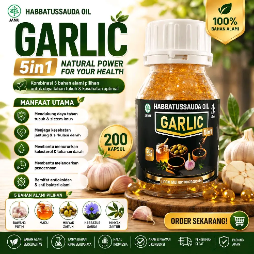 HABBATUSSAUDA GARLIC OIL PLUS ISI 200 KAPSUL MINYAK HABBATUSSAUDA GARLIC PLUS ZAITUN PROPOLIS TRIGONA HABATS HABASYI TRIGONA 5 IN 1