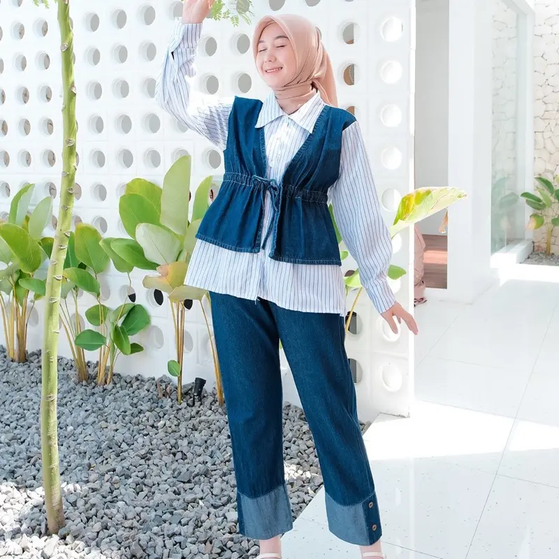 Oneset/setcel jeans wash tali serut mix katun zara setcel wanita denim 1