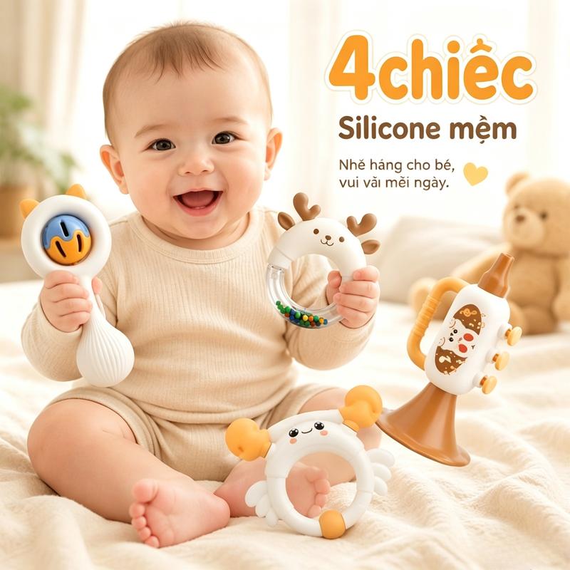 Đồ chơi lục lạc cho bé 0-12 tháng, bộ 4 món nhựa ABS an toàn, có thể gặm, hỗ trợ cầm nắm và phát triển giác quan, dùng cho trẻ sơ sinh, quà tặng học tập sớm.