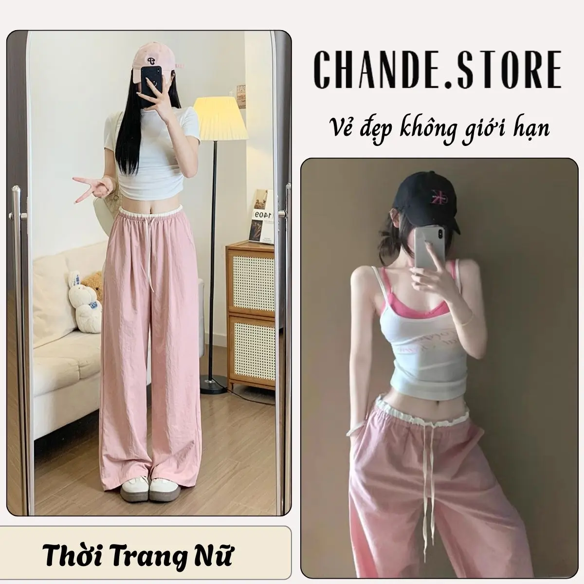 Quần nữ ống rộng dáng suông phối cạp 2 màu có dây chun hack dáng QX15 CHANDE STORE