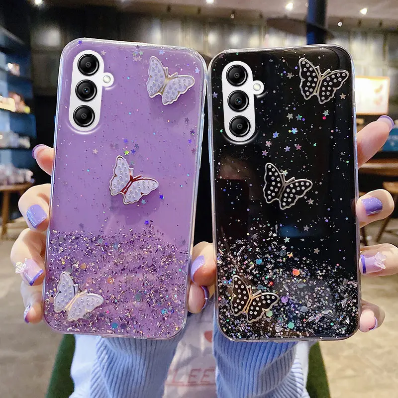 Soft Casing for Samsung Galaxy A34 A54 5G A14 4G A24 Beautiful Shiny Starry Sky with Butterfly Trinkets Silicone Soft Phone Case Cover