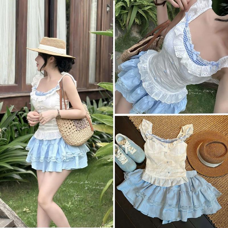  Đồ Bộ Nữ Áo Ren Hoa Caro Dễ Thương Mix Chân Váy Đũi Tầng Có Quần Trong Phối Ren Gấu Xinh Chuẩn Hàn - By BN TRENDY 