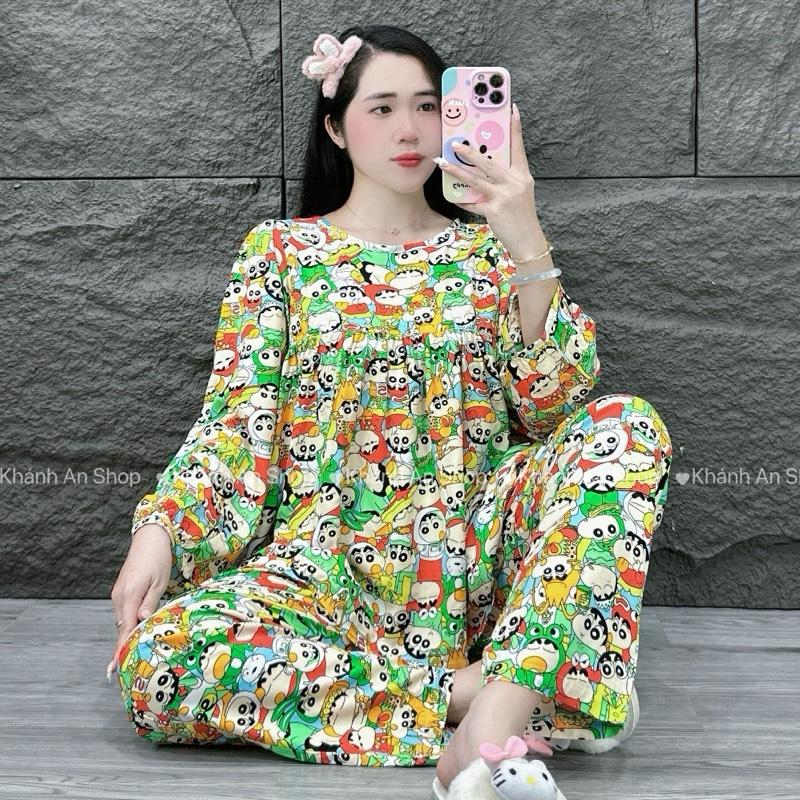 SA. LE SA.LE T10 Khánh An Shop Babydoll KA147 - Đồ Bộ Tole Lanh Nữ Mặc Nhà Áo Cổ Tròn Tay Lỡ Dài Quần Dài Size M/L/XL/2XL Chất Liệu Mềm Mịn Mát Hoạ Tiết Đa Dạng