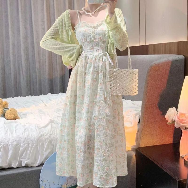 Váy Hai Dây Dài Trung Bình Hoa Mỏng Mùa Hè, Cỡ Lớn Cho Nữ, Bộ Đồ 2 Món, Hàng Mới Về 6