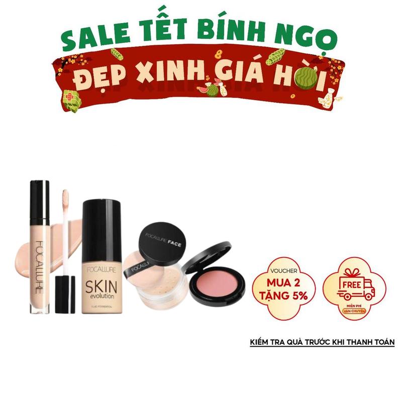 Combo makeup Focallure 4 món trang điểm kem che khuyết điểm kem nền phấn phủ dạng bột phấn má hồng