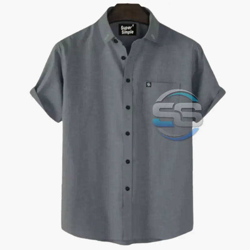 Kemeja Pria Lengan Pendek Distro Abu Tua Polos  Katun Formal Casual Slimfit Style Kerja Simple Keren Kekinian Super Simple 0